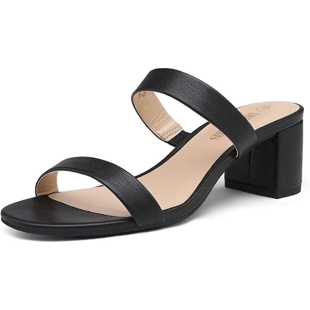 🆕Women Black PU Polyurethane Two Strap Open Toe Low Block Chunky Heel Sandals